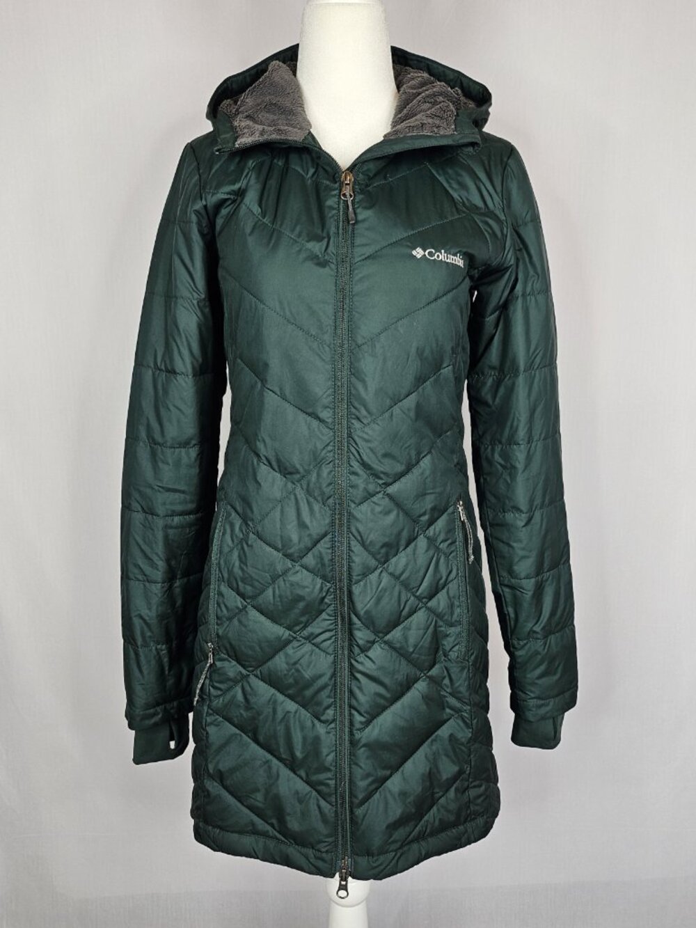 Columbia | Omni-Heat Long Hooded Puffer Coat | Forest Green | Size XS